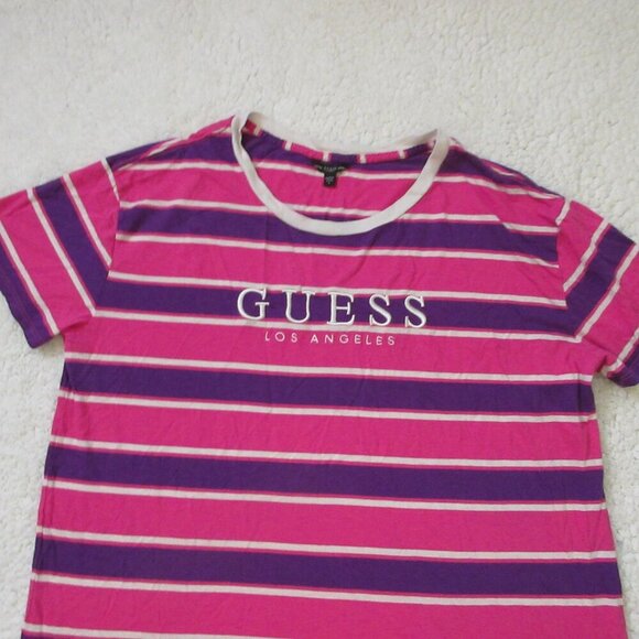 Guess Los Angeles Women's Pink Purple White Striped T-Shirt Size Large - Picture 5 of 7